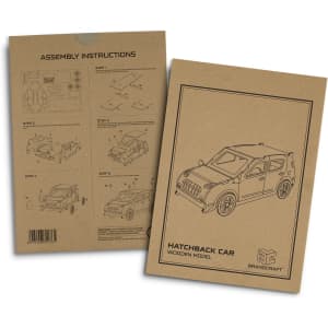 A wooden model kit of a hatchback car in a brown cardboard package with assembly instructions and a logo.