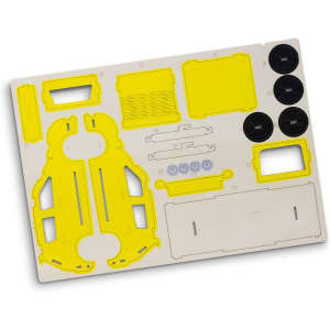 A wooden model kit of a hatchback car, featuring yellow components and black wheels, ready for assembly.