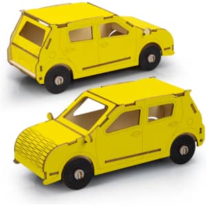 A yellow wooden model of a hatchback car with detailed cutouts and a logo. Features include wheels and movable parts.