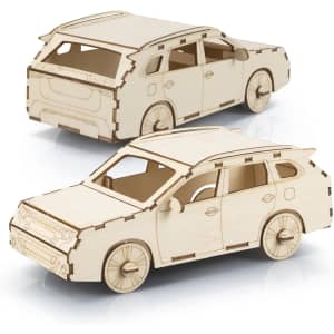 A wooden model of an SUV in a natural finish, featuring intricate cut-out details and a simple design.