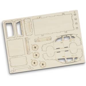 A wooden model sheet featuring parts to assemble a SUV, including car body and wheels, in a light coloured finish.
