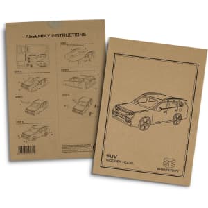 A wooden model kit featuring an SUV design with assembly instructions on a brown cardboard backing.