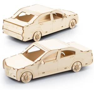 A wooden model of a sedan car, featuring detailed cutouts and a natural wood finish. Includes wheels.