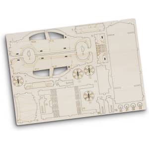 A wooden model kit of a sedan car, featuring detailed laser-cut parts on a flat sheet. The design is light in colour.