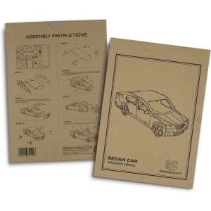 Assembly instructions for a wooden sedan car model by BRANDCRAFT, featuring illustrated steps on a brown paper background.