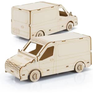 A wooden model of a van in a light natural wood finish, featuring a detailed design with wheels and windows.