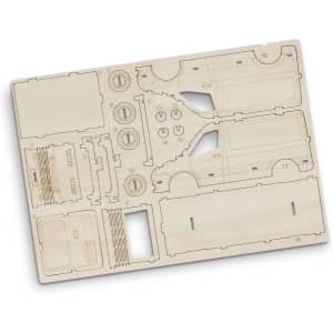 A wooden model kit of a van, featuring precision-cut pieces with a light wood finish. Includes a branding logo.