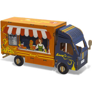 A novelty wooden model of a small truck, featuring vibrant orange and blue colours with a food stall design.