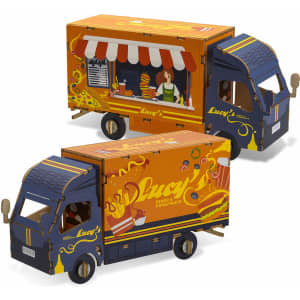 A wooden model of a small food truck in orange and blue, featuring a detailed serving window and branding elements.