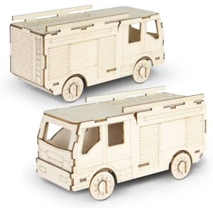 A wooden model of a fire truck in natural wood colour, featuring detailed cutouts and wheels. Includes a logo.