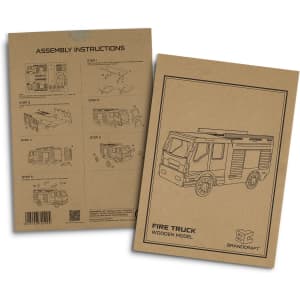 A cardboard packaging featuring assembly instructions for a fire truck wooden model, with illustrations and simple steps.