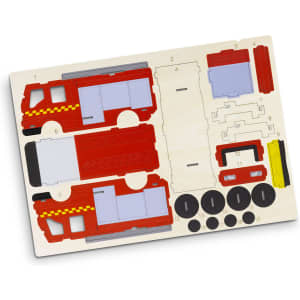 A wooden model kit featuring a red fire truck with various pieces ready for assembly. It includes a logo.