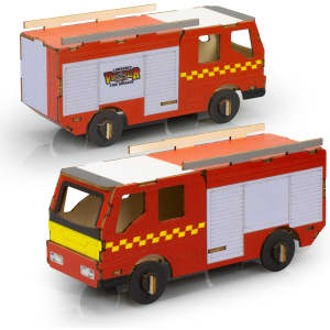 A wooden model of a fire truck in red and yellow, featuring movable parts and a logo, designed as a novelty item.