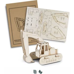 A wooden excavator model in natural colour, accompanied by a sheet with parts for assembly and a branded box.