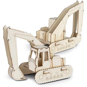 A wooden excavator model with intricate details, featuring a light wood finish and movable parts. It has a logo on one side.