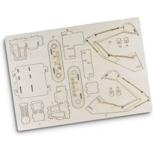 A wooden model kit featuring parts for an excavator, with detailed engravings on a light wood base.