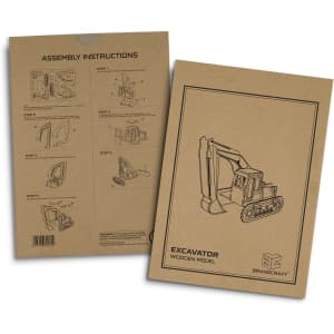 A brown cardboard packaging featuring assembly instructions and an illustration of a wooden excavator model.
