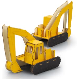 A yellow and wooden excavator model with intricate details, featuring tracks and a raised arm for display.