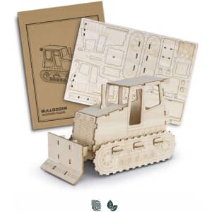 A wooden model of a bulldozer in natural wood colour, accompanied by a set of pre-cut assembly sheets.