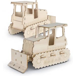 A wooden model of a bulldozer, featuring detailed cut-outs and a pale wood finish, with a logo present.