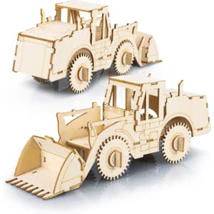 A wooden model of a wheel loader, featuring intricate details and a natural wood finish. Includes a front loader and large wheels.