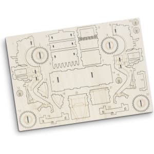A wooden model kit featuring laser-cut pieces to assemble a wheel loader. The design includes various mechanical components.