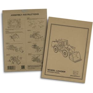 Assembly instructions for a wooden model of a wheel loader, featuring diagrams on a beige background.