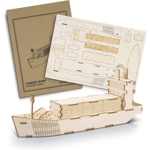 A wooden model of a cargo ship in natural colour, complete with assembly instructions and a branded packaging cover.