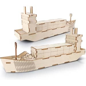 A wooden model of a cargo ship in a light wood colour, featuring detailed structures and a logo on the side.