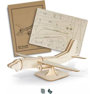 A wooden model of a jet plane in natural wood colour, with assembly components and diagrams included.