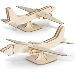 A wooden model jet plane in a light natural finish, featuring a detailed design and a sturdy base.