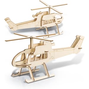 A wooden helicopter model in natural wood colour, featuring detailed design with two rotors.