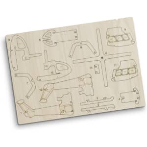 A wooden model kit featuring laser-cut parts for a helicopter, designed in a natural wood finish.
