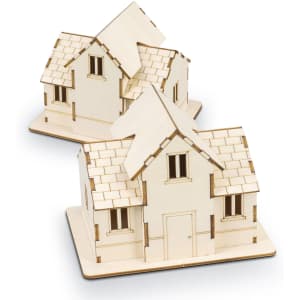 Two wooden model houses with intricate details, featuring a light wood colour and a base for display.