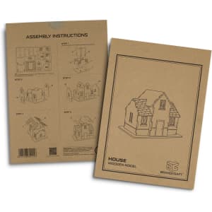 A flat, brown cardboard packaging featuring assembly instructions for a wooden house model in black line art.