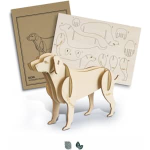 A wooden dog model in natural wood colour, with a template sheet and assembly instructions behind it.