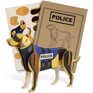 A wooden model of a police dog in brown and black, accompanied by assembly sheets and packaging.