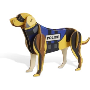 A wooden model of a police dog in black, brown, and blue, featuring a police uniform design.