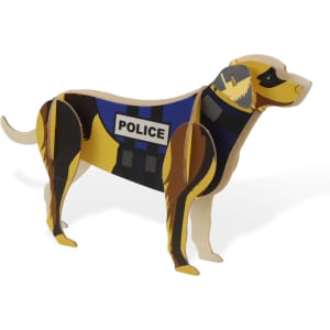 A wooden model of a police dog in black and yellow, featuring a police vest and a detailed design.