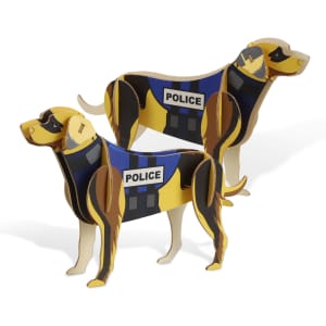 A wooden model of a police dog in brown and yellow colours, featuring a detailed design and stand-up structure.