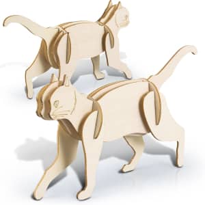 A wooden model of two cats in a natural finish, featuring articulated joints for movable limbs.