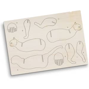 A wooden model kit featuring various cat shapes, labelled parts, and a light wood finish. Includes a branding logo.