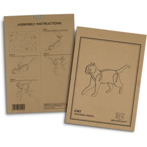 An illustrated assembly guide and packaging for a cat wooden model, featuring a minimalist design in brown.
