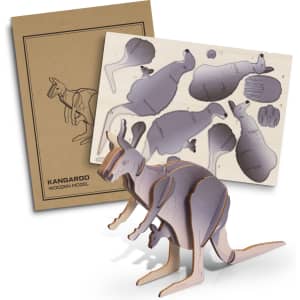 A kangaroo wooden model in natural wood tones, alongside a cardboard packaging featuring cut-out shapes and a logo.