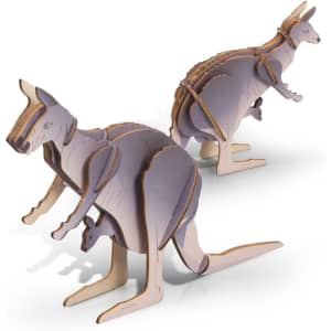A wooden model of kangaroos, featuring shades of grey and tan, designed as a novelty item.