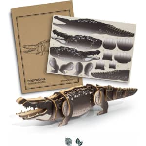 A wooden model of a crocodile in natural and dark brown hues, accompanied by a cardboard backing with design templates.