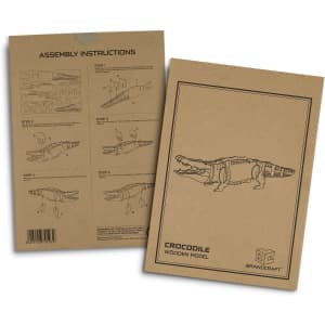 A wooden model kit featuring a crocodile design, showcased with assembly instructions on a brown background.