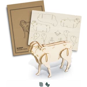 A wooden model of a sheep in natural wood colour, accompanied by a diagram and packaging featuring a logo.