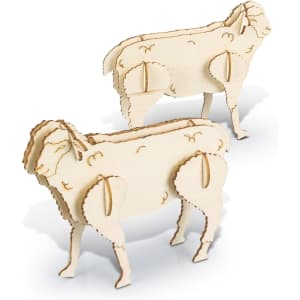 Two wooden sheep models in light wood, featuring intricate cutout details, standing on a white background.