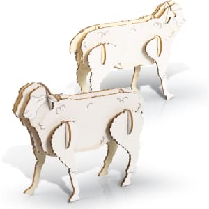 A wooden model of a sheep, featuring a white finish with beige detailing, showcasing two standing figures.
